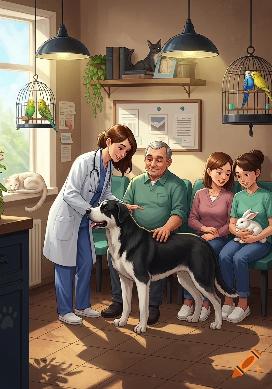 An illustration of a veterinarian in a white coat with an elderly man petting a large black and white dog in a clinic waiting room. Two women wait on a bench with a white rabbit.