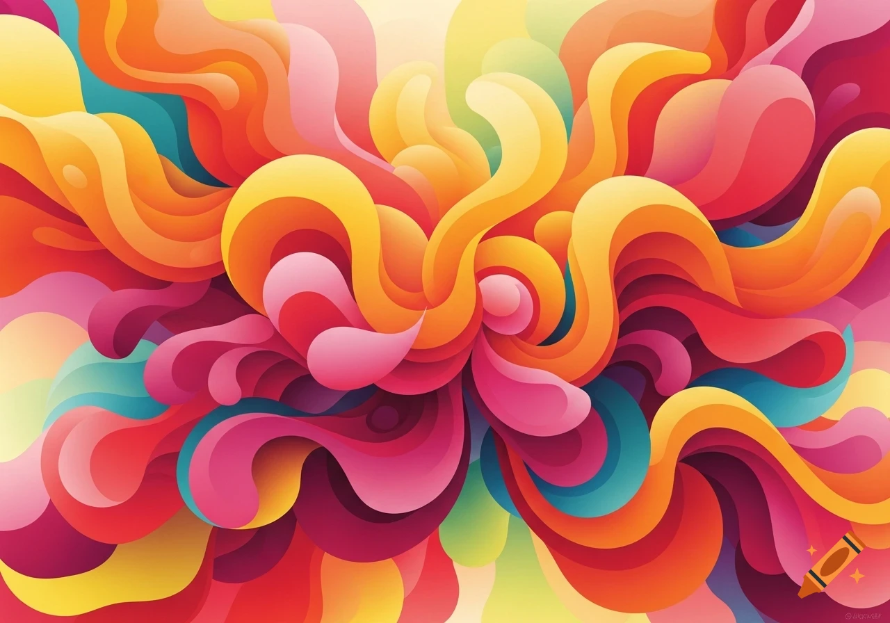 Abstract vibrant painting with flowing organic shapes in orange, pink, yellow, red, and blue, creating a dynamic composition.
