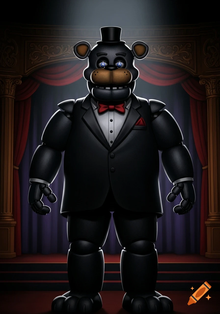 A dark gray animatronic bear, Freddy Fazbear, in a black tuxedo and top hat on a stage.