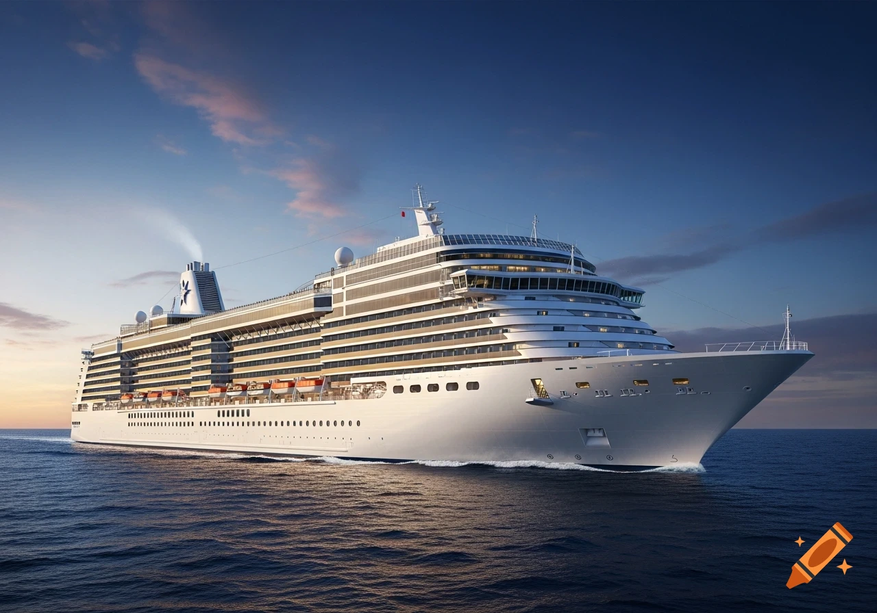 A large white cruise ship with multiple decks sails on a blue ocean under a sky with twilight hues and scattered clouds.