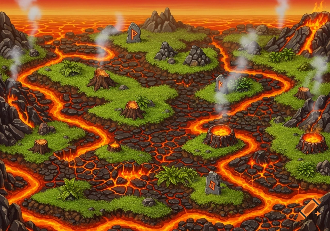 Isometric RPG map of a volcanic plain with bright orange lava rivers, green grass, dark rocks, tree stumps, and rune stones.