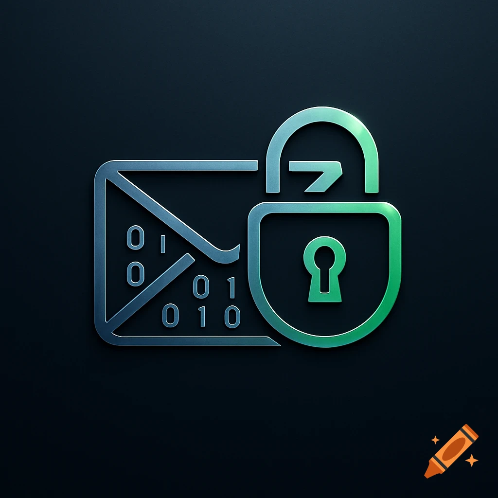 A stylized gradient blue and green icon of an open padlock overlapping an envelope containing binary code, set against a dark background, representing encrypted messaging.