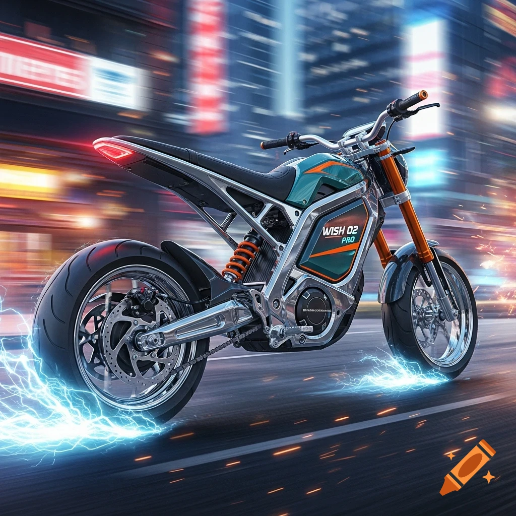 A sleek, teal and orange electric motorcycle speeds through a blurry city street at night, trailing blue lightning.
