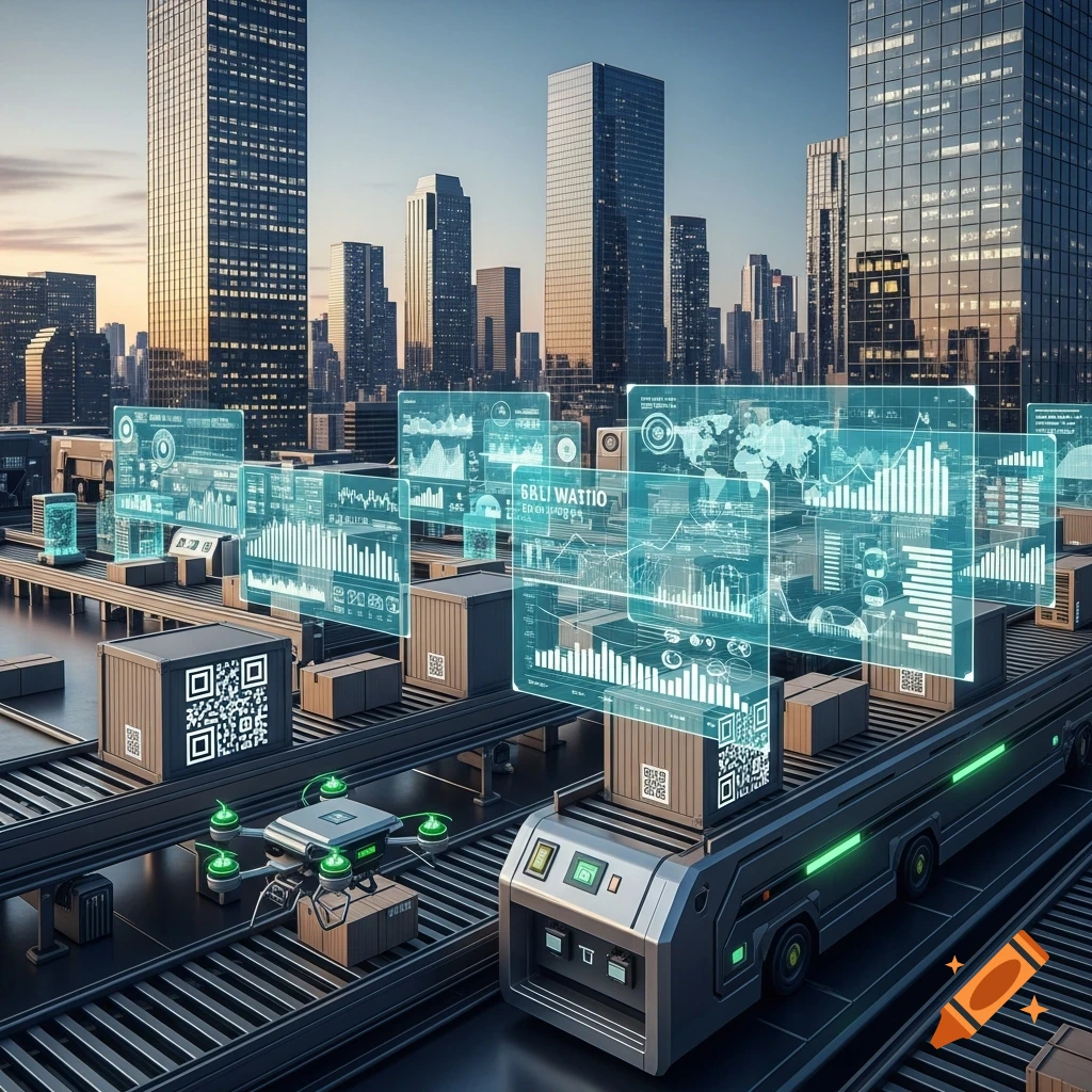 A futuristic city skyline with an automated supply chain, drones, and holographic data displays showing charts and QR codes.