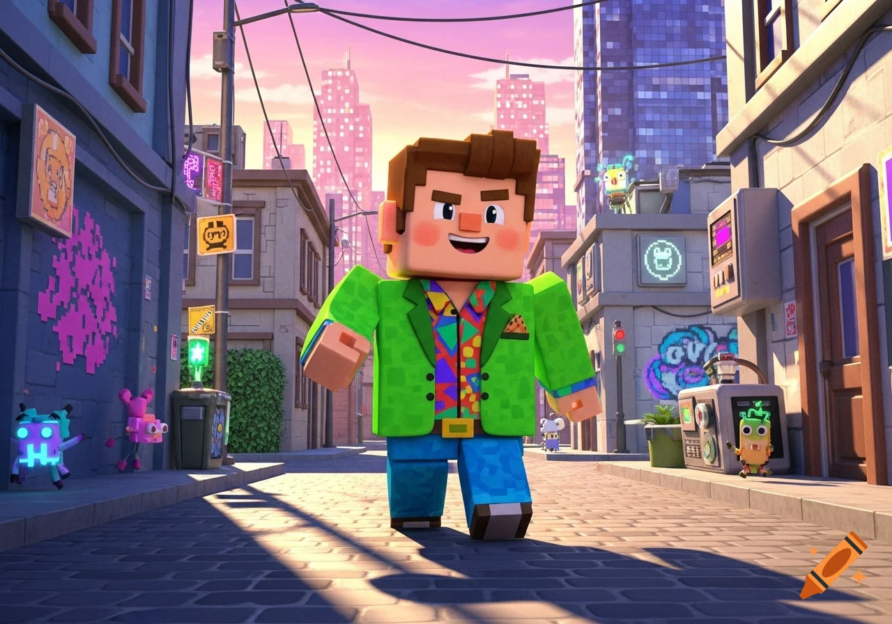 A blocky male character in a green jacket and colorful shirt walks down a stylized city street at sunset, with pixel art graffiti and neon signs.