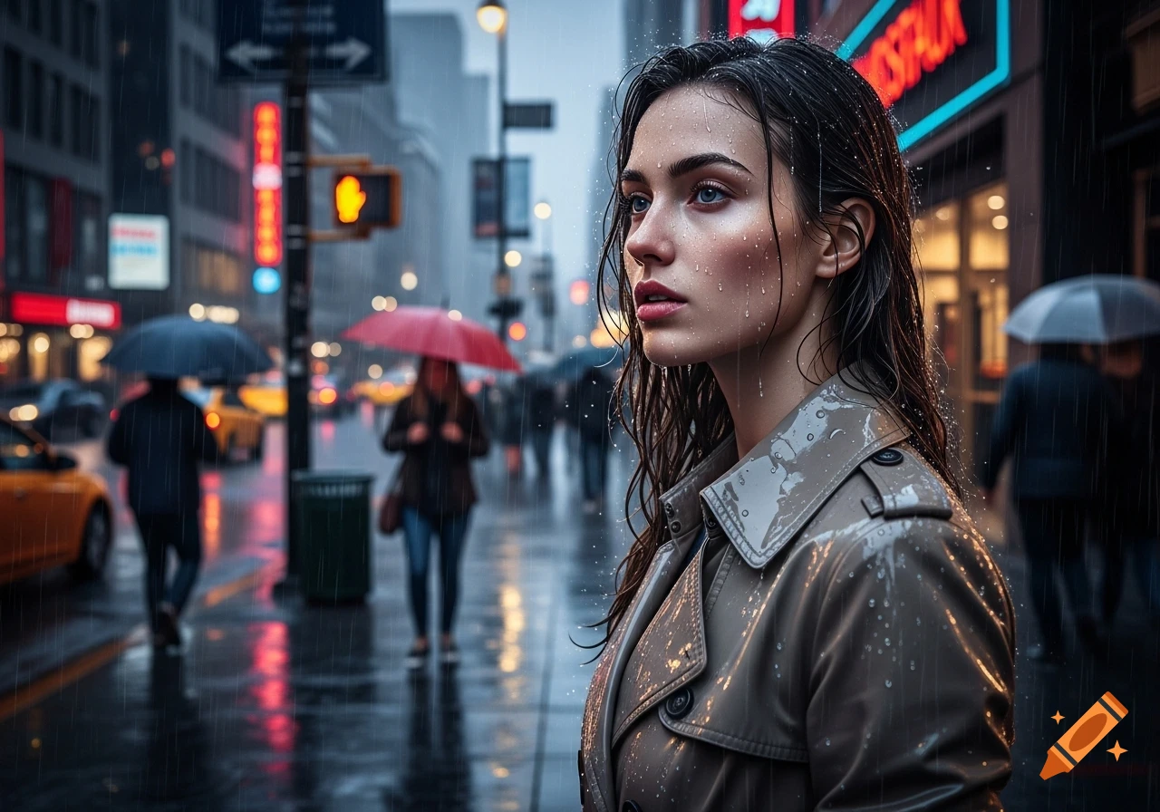 A photorealistic portrait of a woman with wet hair and a trench coat standing in the rain on a city street.