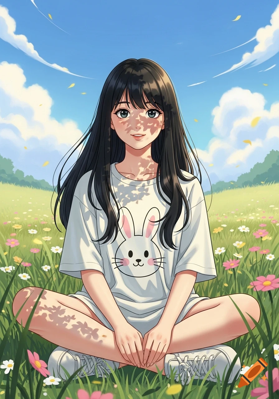 Anime girl with black hair sitting cross-legged in a sunny field of wildflowers, wearing a white t-shirt with a bunny design.