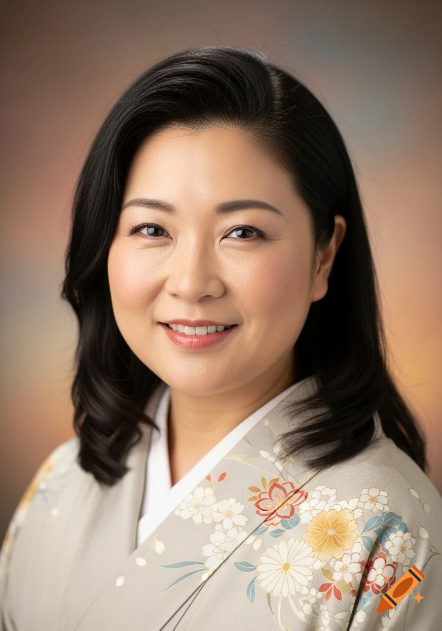 Photorealistic portrait of a smiling Japanese woman in a traditional patterned kimono.