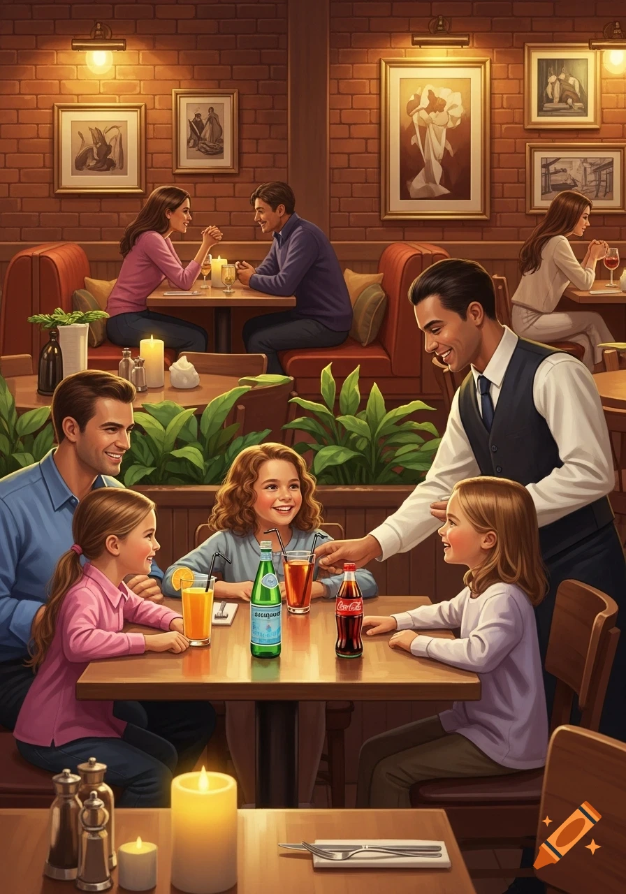 A family with a father and two daughters are served drinks by a smiling waiter at a restaurant table, while other diners sit in the background.