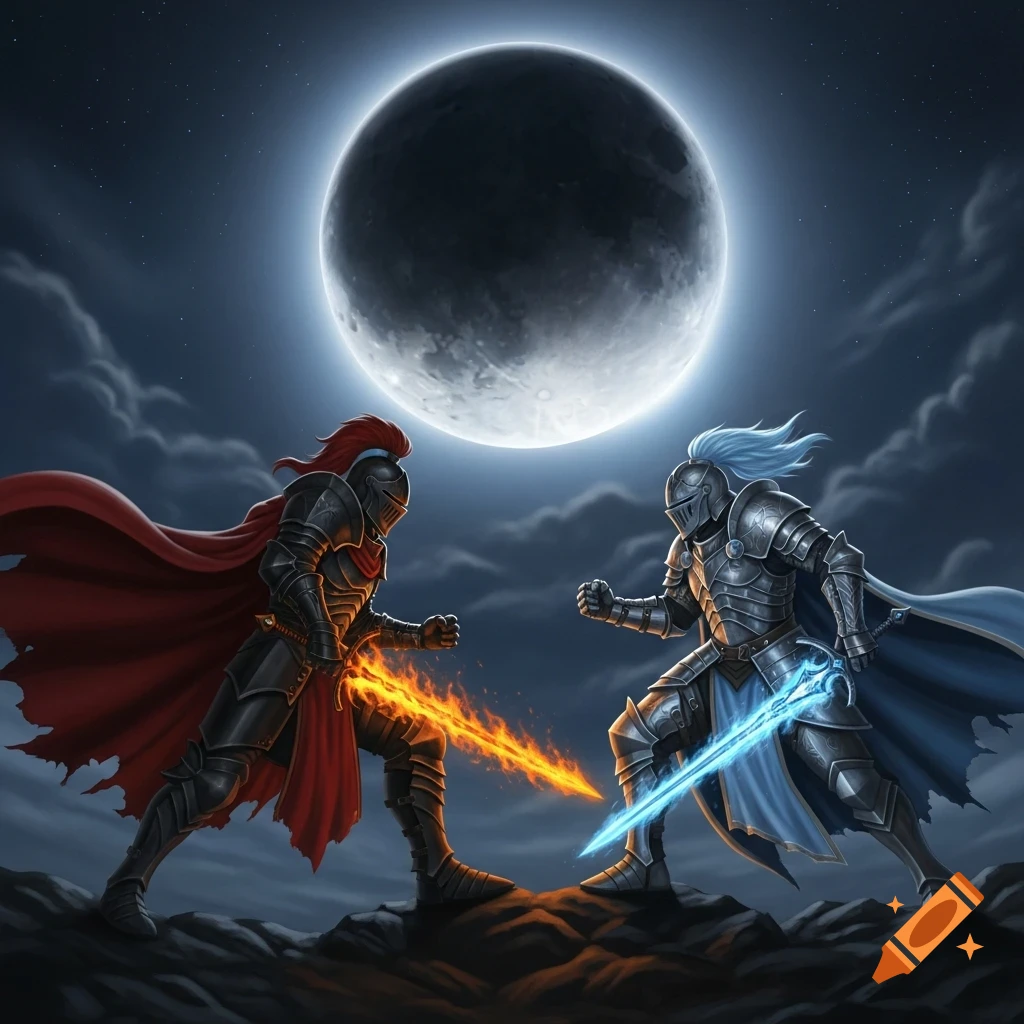 Two armored knights with elemental swords, one red and one blue, battle under a large, glowing full moon in this dark fantasy art.