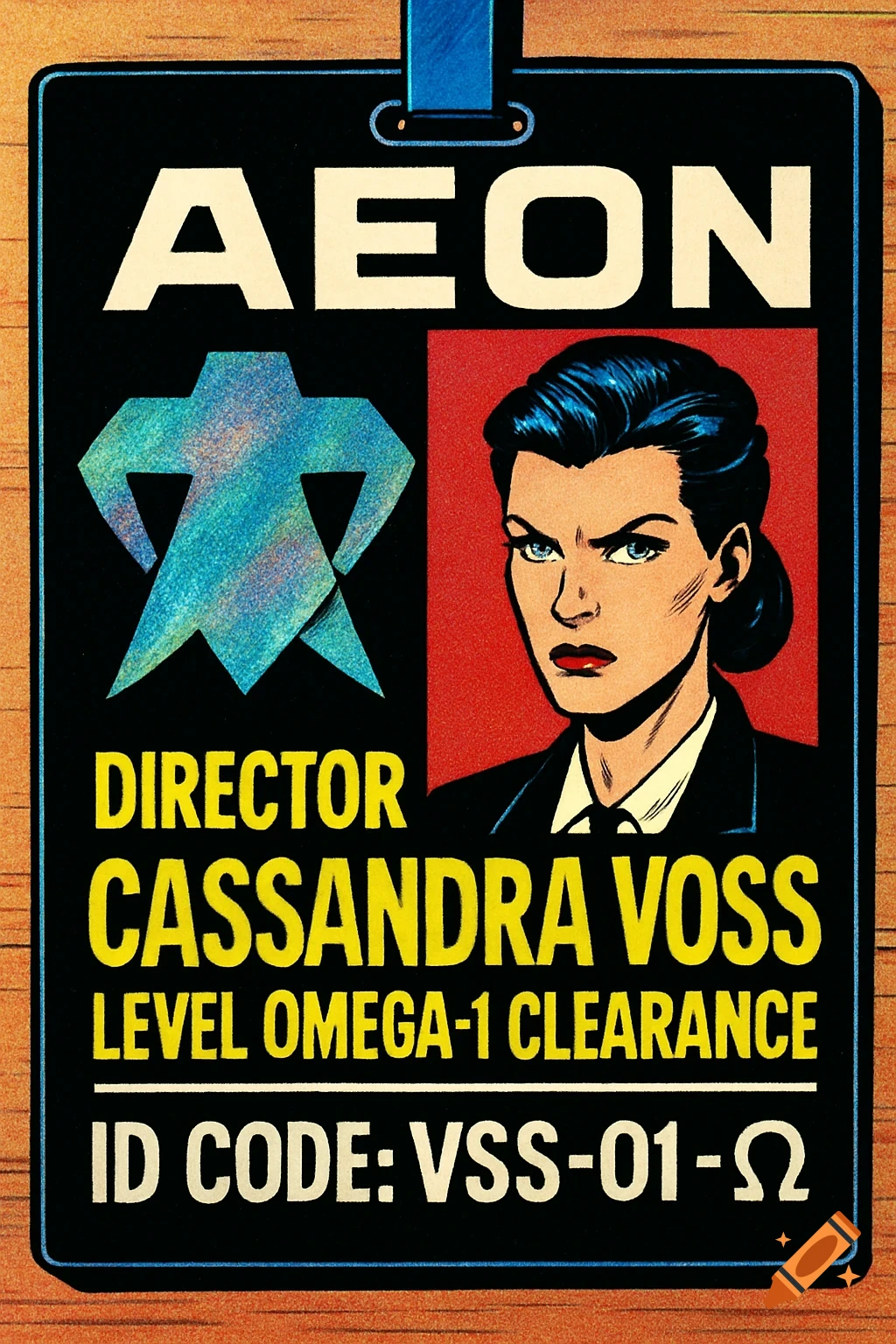 A 1990s Marvel Comics style ID badge for Director Cassandra Voss, featuring her portrait and agency logo.