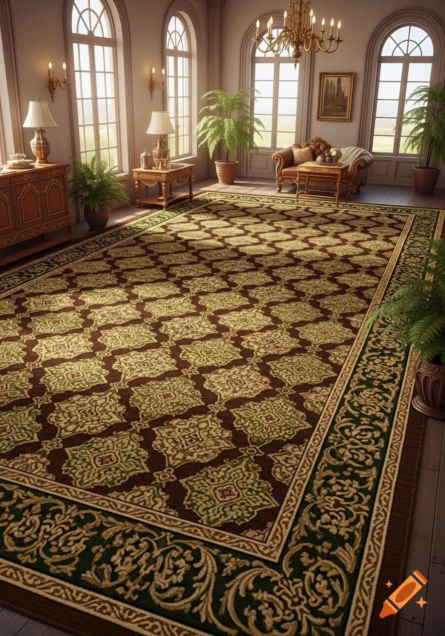 A luxurious room featuring a large brown and green damask patterned carpet, arched windows, ornate furniture, and chandeliers.
