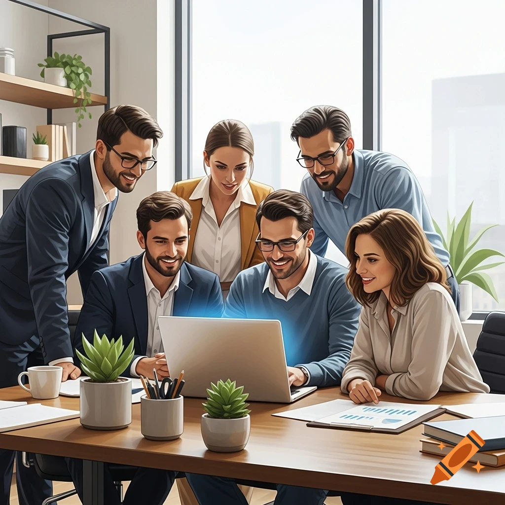 A diverse group of colleagues gather around a laptop in a modern, bright office, smiling and engaged in a discussion.