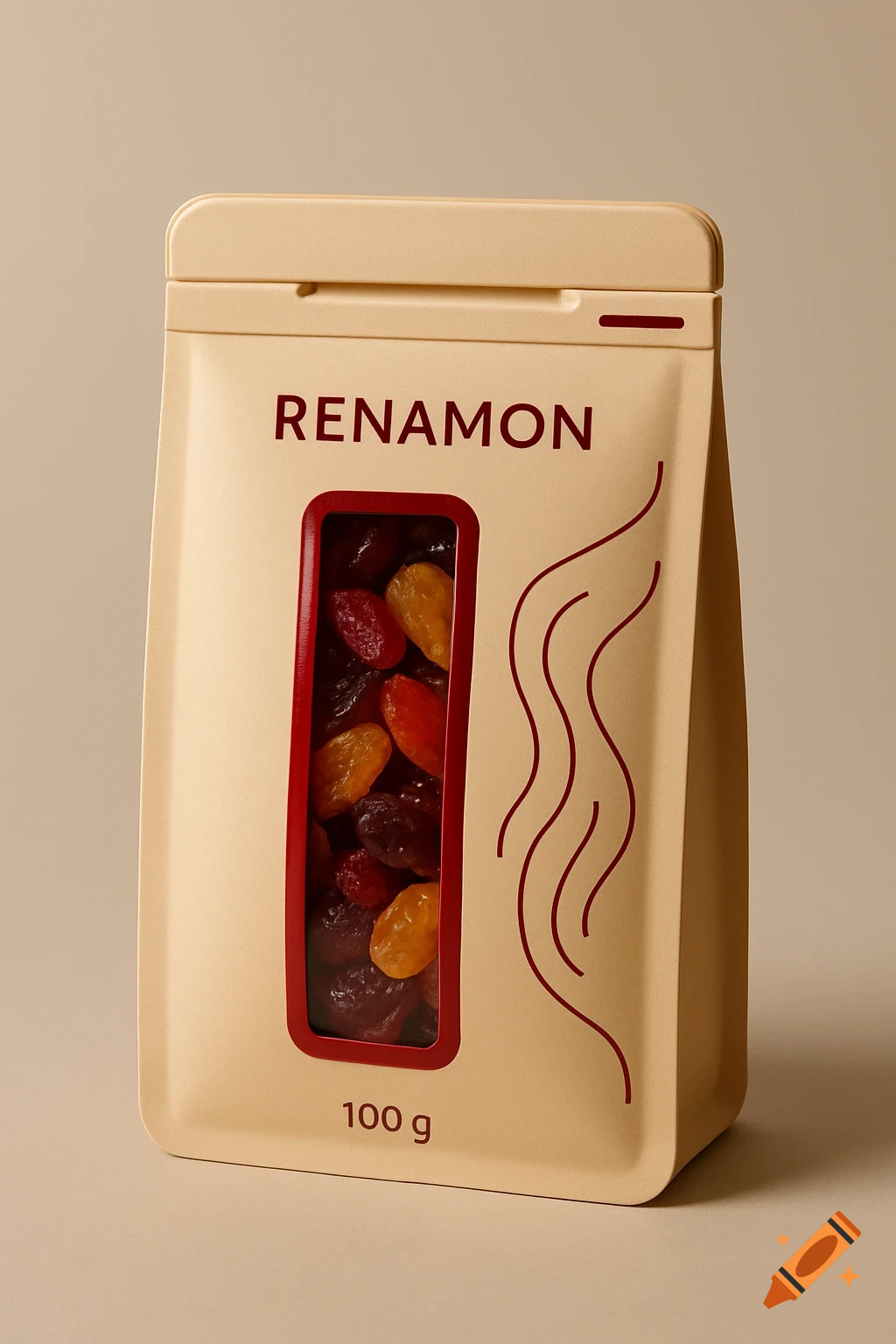 A beige matte stand-up pouch for Renamon dried fruits, with a vertical red-framed window showing colorful dried fruits and '100 g'.