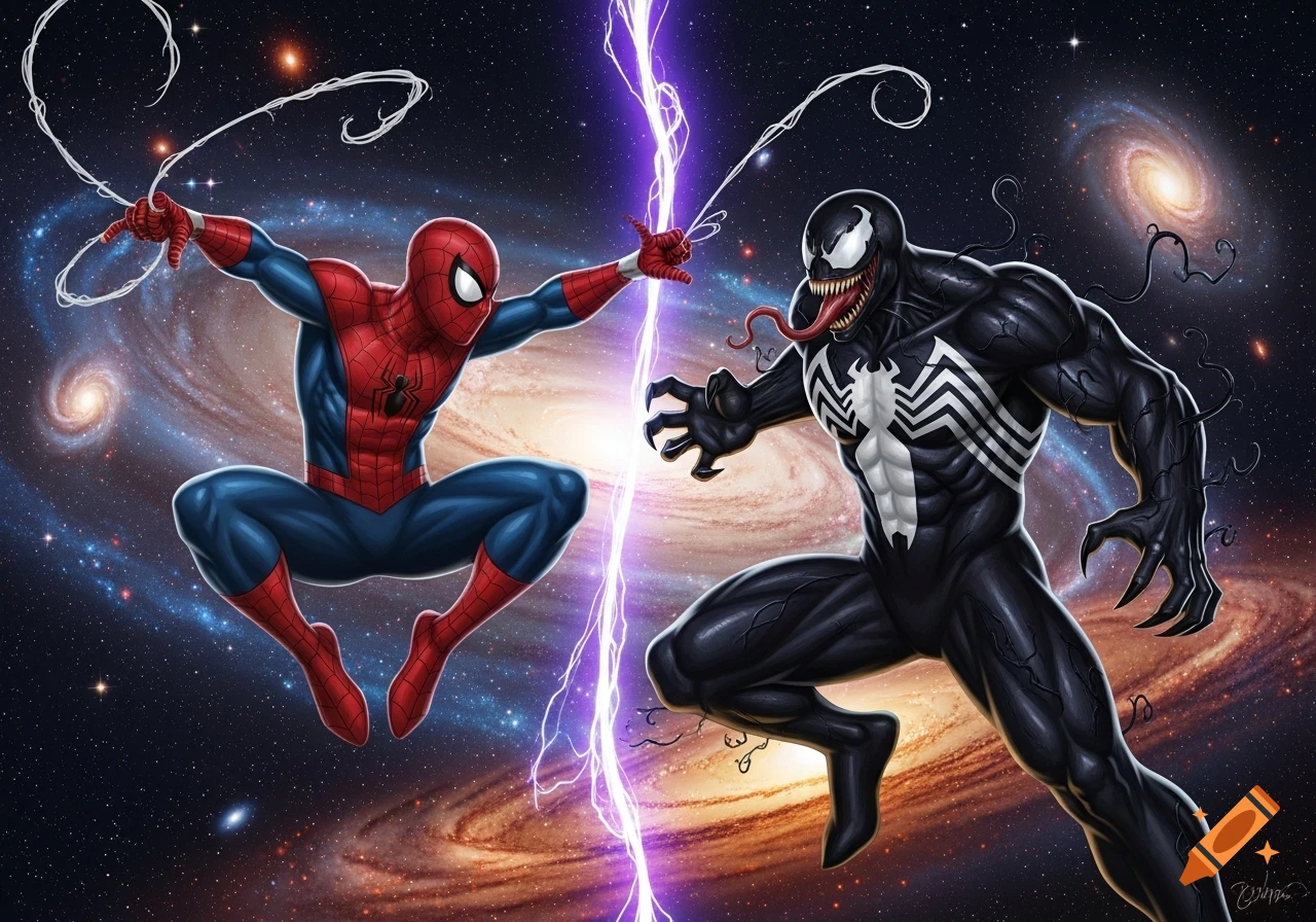 Dynamic comic illustration of Spider-Man and Venom facing off in space with a lightning bolt.