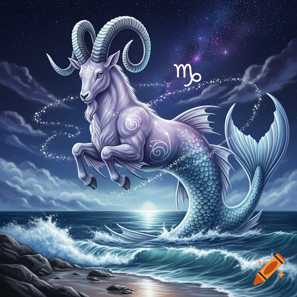 A fantastical depiction of the Capricorn zodiac sign, a sea-goat with large horns leaping from an ocean with waves under a starry night sky.