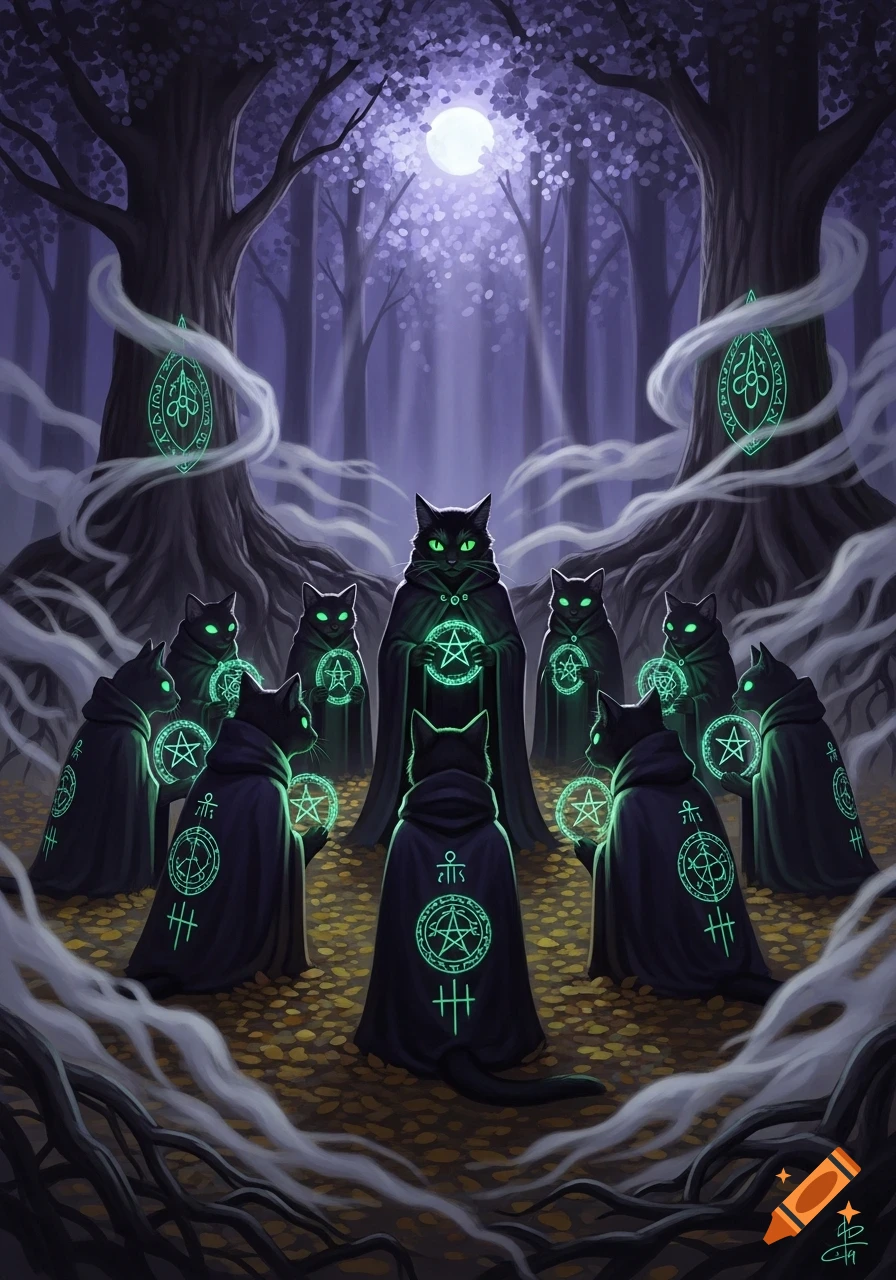 Illustration of black cats in hooded cloaks forming a ritualistic circle in a dark, moonlit forest, holding glowing green magical symbols.