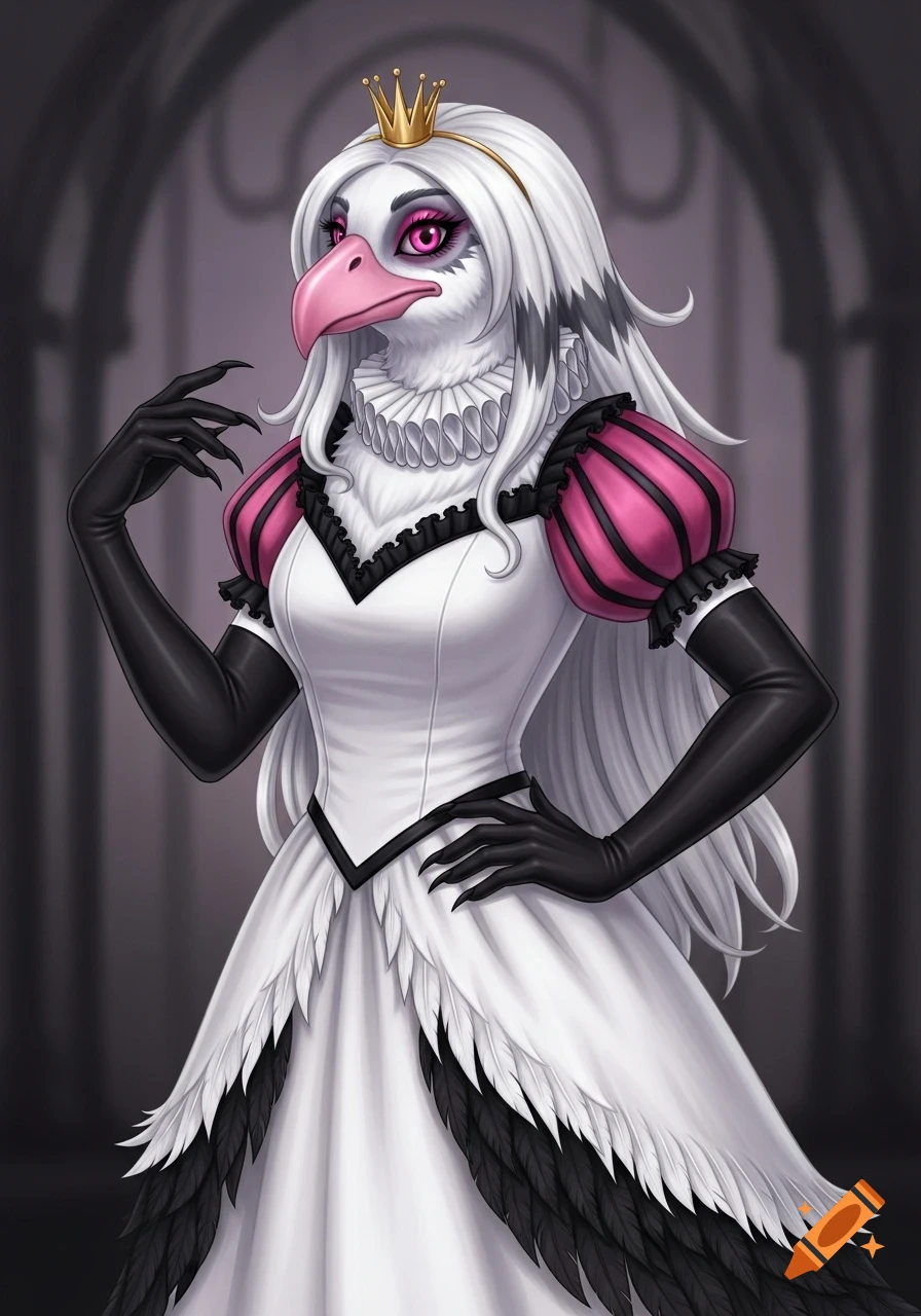A white feathered avian demon queen with a pink beak, golden crown, and black gloves, wearing a white dress with pink puffed sleeves.
