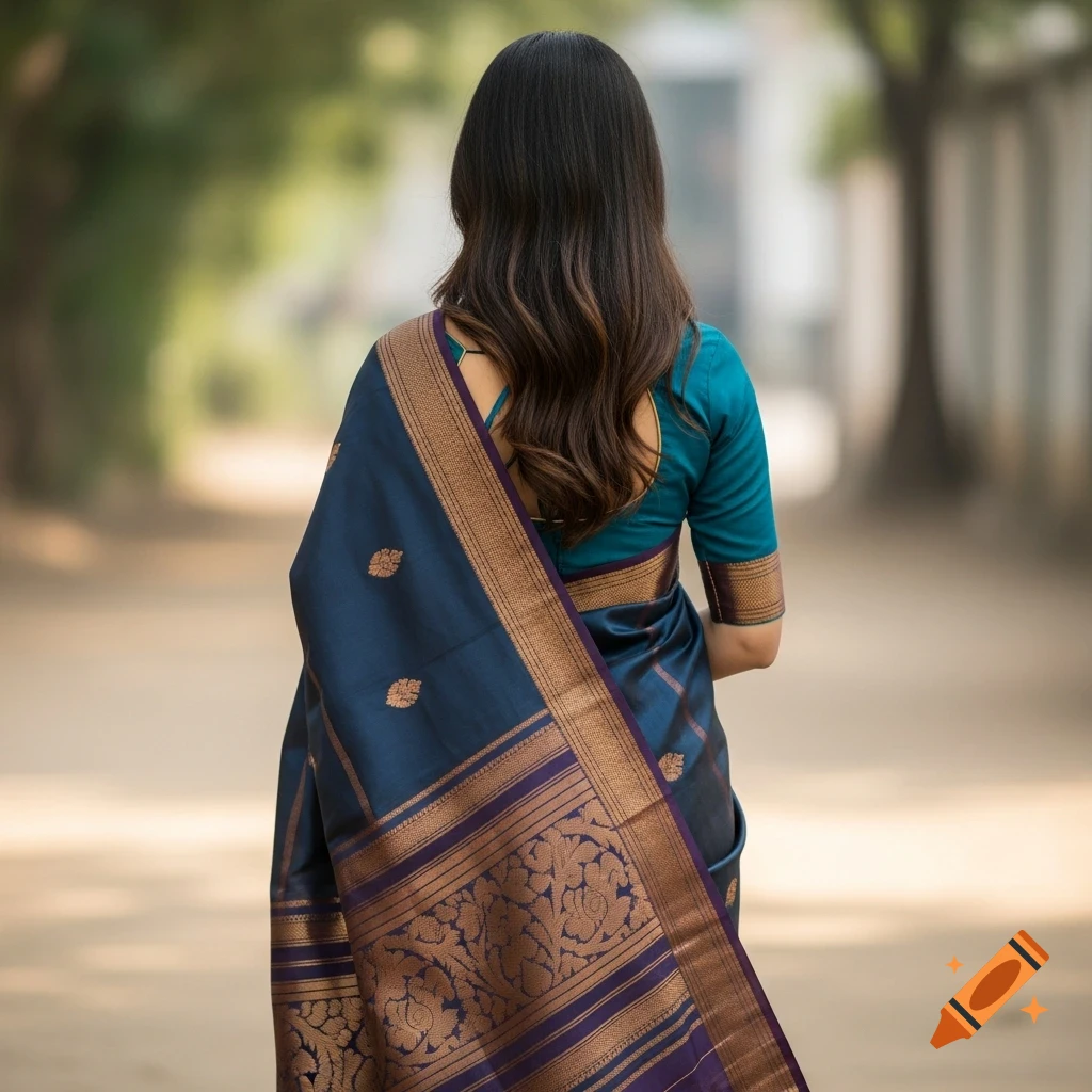 Photorealistic image of a woman from behind, wearing a dark blue traditional Indian sari with gold and purple borders, standing outdoors.