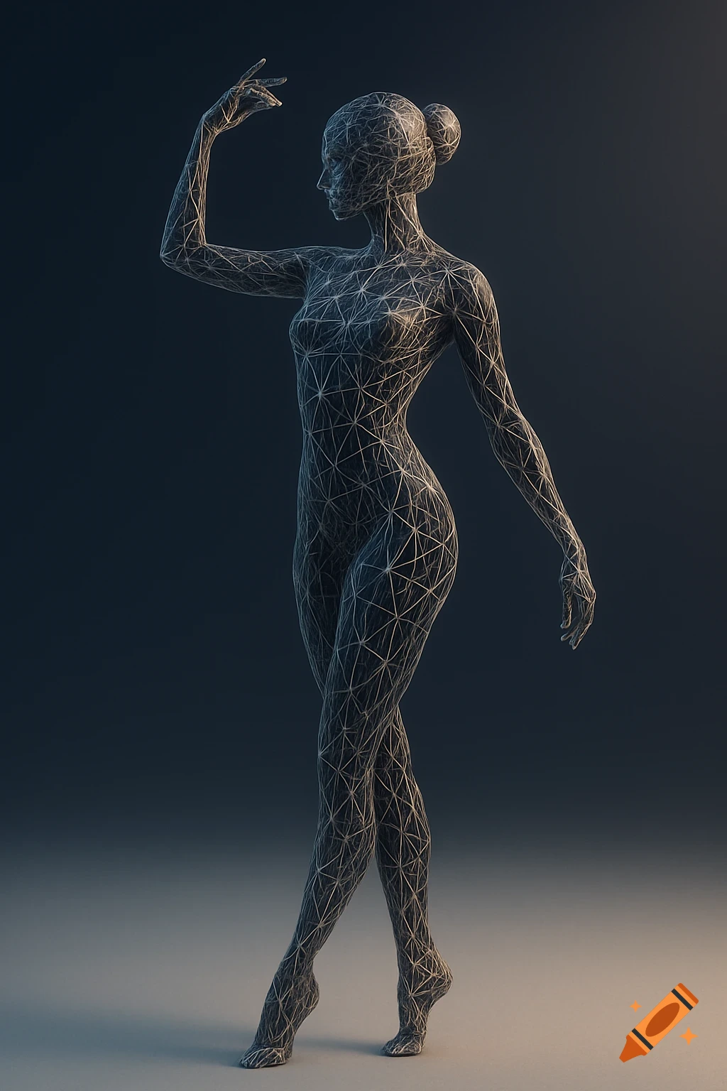 A minimalist 3D rendering of a female figure, composed of a wireframe mesh against a dark background, in a ballet pose.