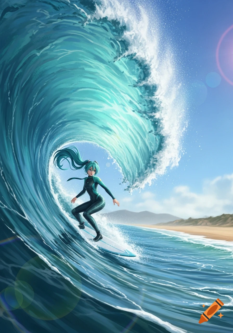 Hatsune Miku in a black and teal wetsuit surfs a large, curling blue wave at a sunny beach.