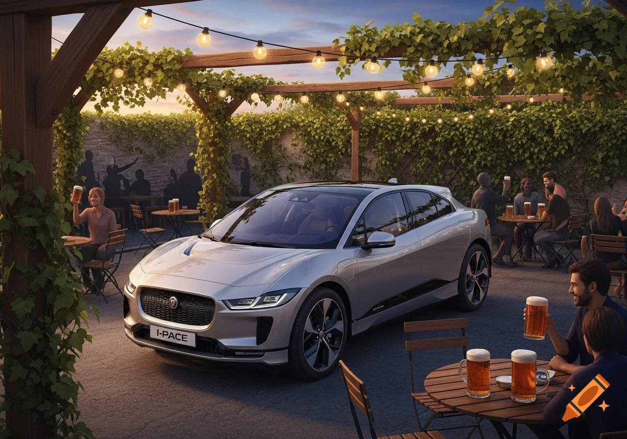 A silver Jaguar I-PACE is parked in an outdoor patio area with string lights, surrounded by people at tables drinking beer, at sunset.