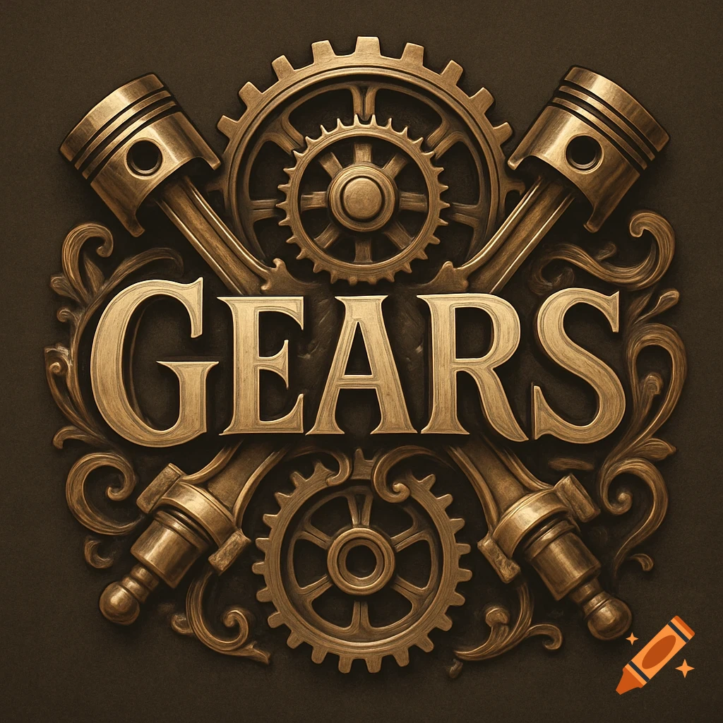 Ornate gold logo for 'GEARS' with cogs and pistons on a dark background.