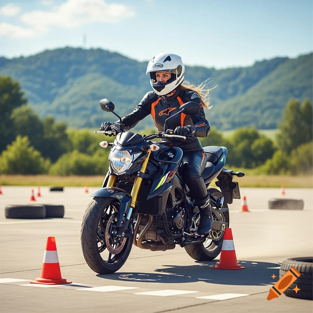 A young woman in a black and orange motorcycle suit and white helmet rides a black Suzuki motorcycle on an asphalt course with traffic cones, mountains in the background.