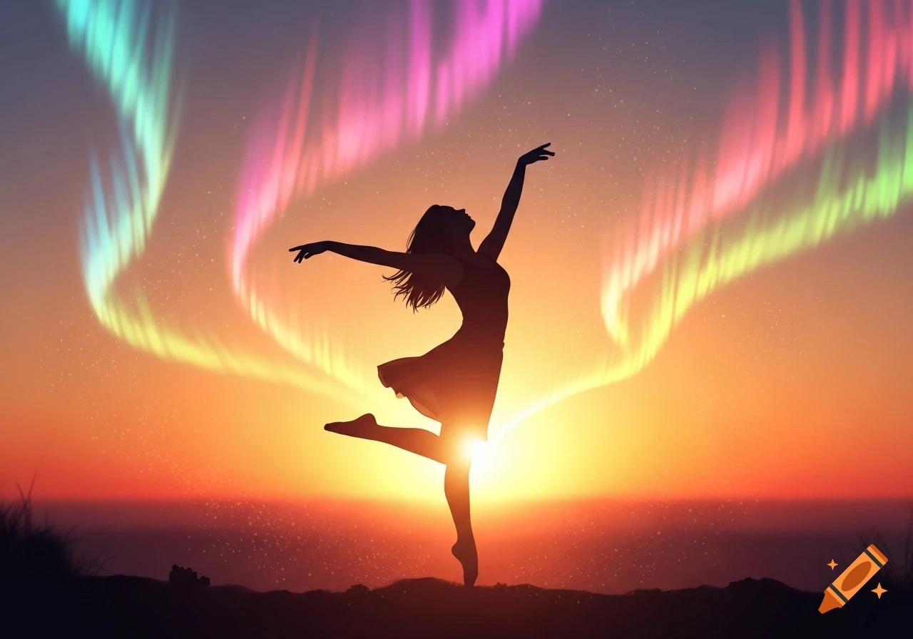 Silhouette of a woman dancing joyfully against a vibrant sunset sky with colorful aurora borealis.