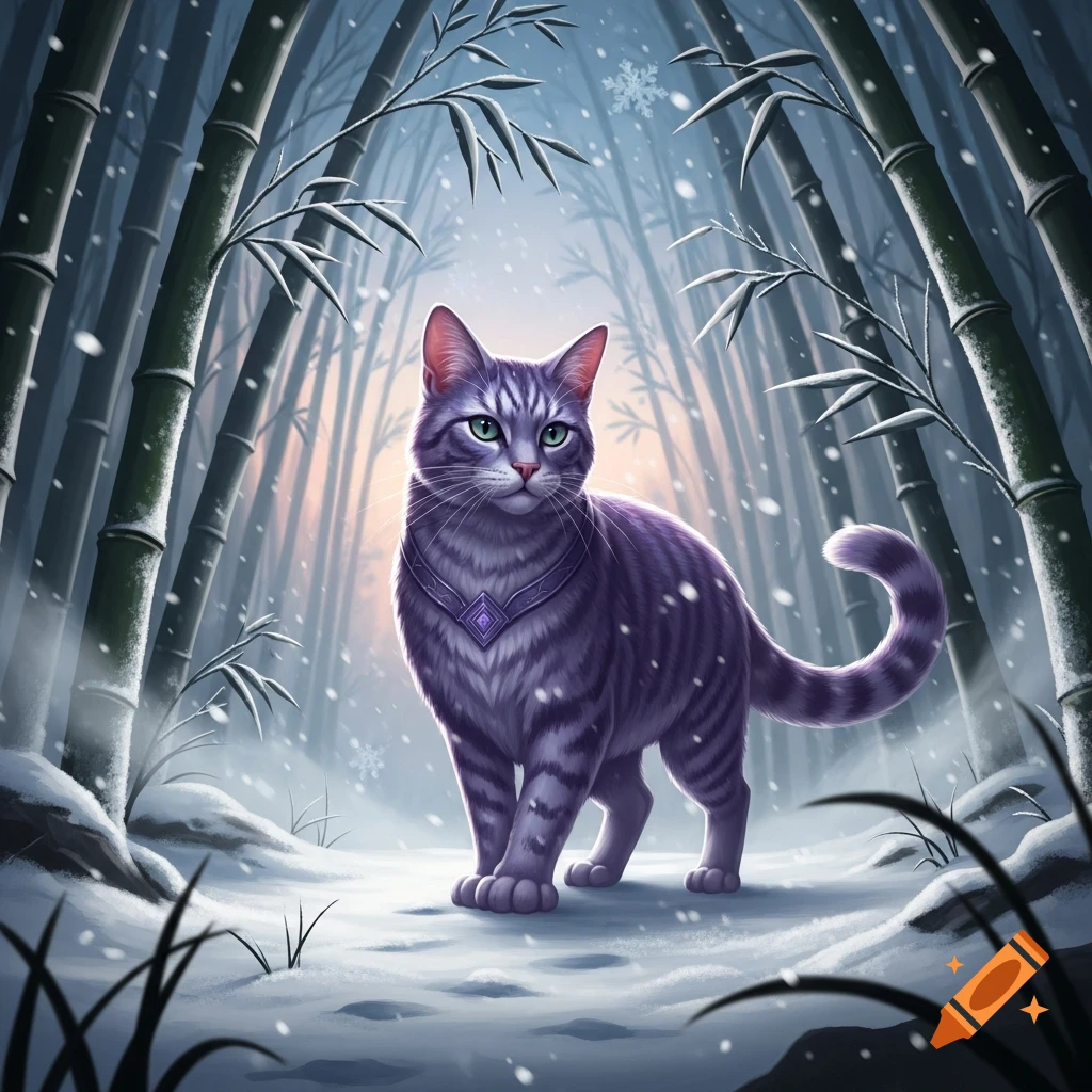 A stylized purple-striped cat with green eyes and a decorative collar stands in a snowy bamboo forest with falling snowflakes.
