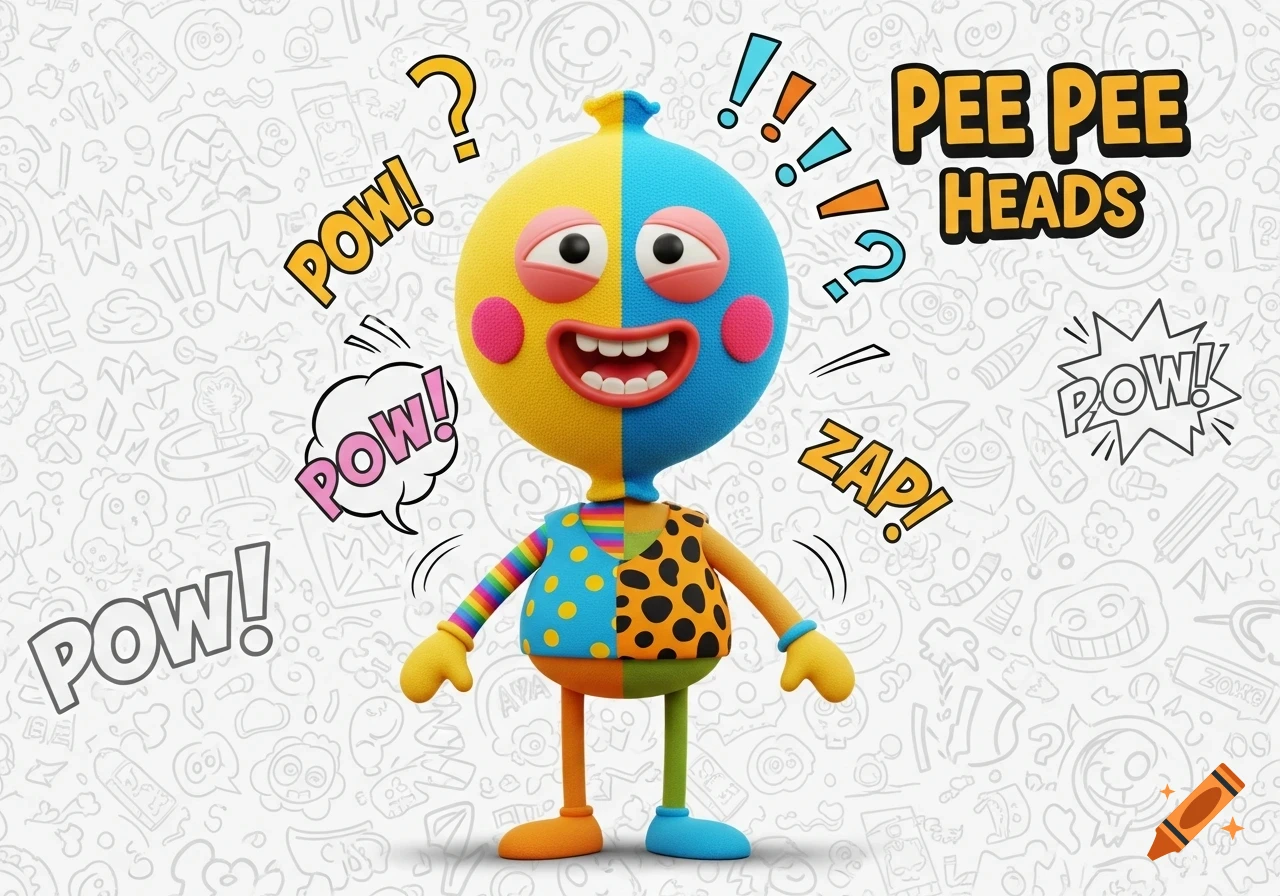 A silly, colorful cartoon character with a half-yellow, half-blue head and mismatched clothes, surrounded by comic book sound effects like 'POW!', 'ZAP!', and 'PEE PEE HEADS'.