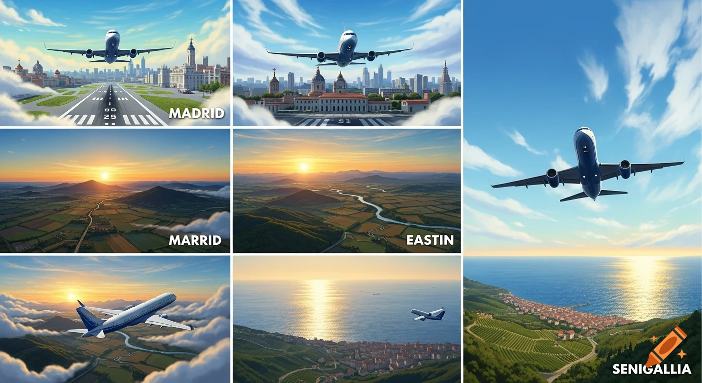 A six-panel collage showing a journey by plane. Panels feature airplanes, a city airport, rural landscapes at sunset, and a coastal town overlooking the sea.
