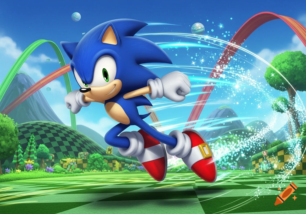 Sonic the Hedgehog runs quickly across a green checkered landscape with colorful loops, mountains, and a sparkling blue speed trail.
