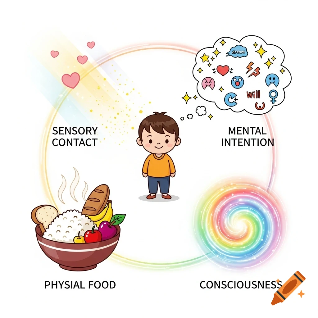 A cartoon illustration of a young boy surrounded by four concepts: sensory contact (hearts and light), mental intention (thought bubble with dream symbols), physical food (a bowl of rice, bread, fruits), and consciousness (a rainbow swirl).
