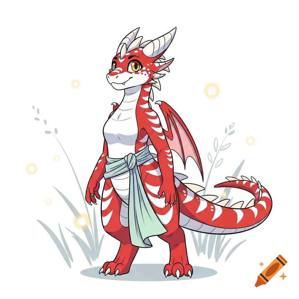 A cute stylized red and white anthropomorphic dragoness with amber eyes and a friendly smile stands wearing a light blue sash.