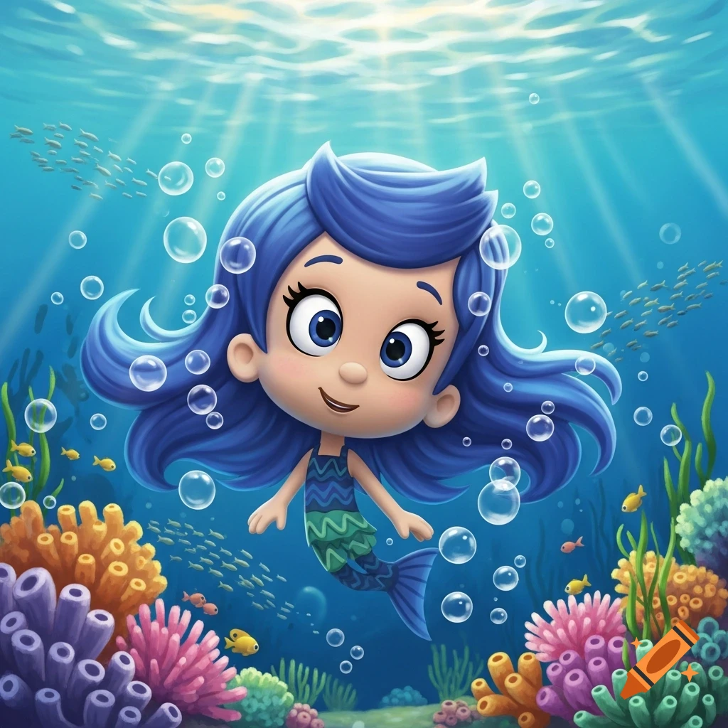 A cartoon mermaid girl with blue hair and big eyes smiles underwater, surrounded by colorful coral and small fish.