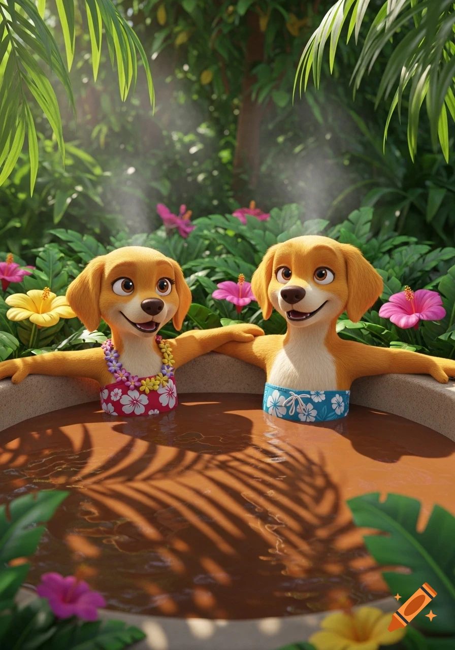 Two anthropomorphic retriever dogs in swimsuits relaxing in a mud hot tub amidst tropical foliage in a 3D animation.