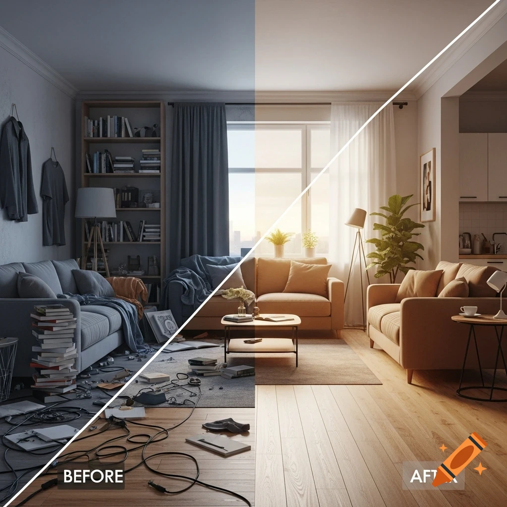 Split image showing a living room. The 'BEFORE' left side is dark and cluttered; the 'AFTER' right side is bright and minimalist.