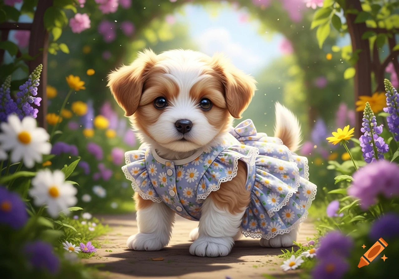 A fluffy brown and white puppy in a light blue daisy dress stands on a garden path surrounded by colorful flowers and greenery.