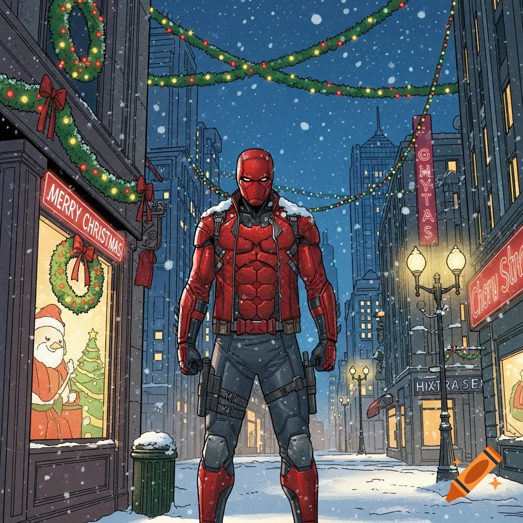 Red Hood stands in a snowy, Christmas-decorated city street with festive lights and storefronts, in comic book style.