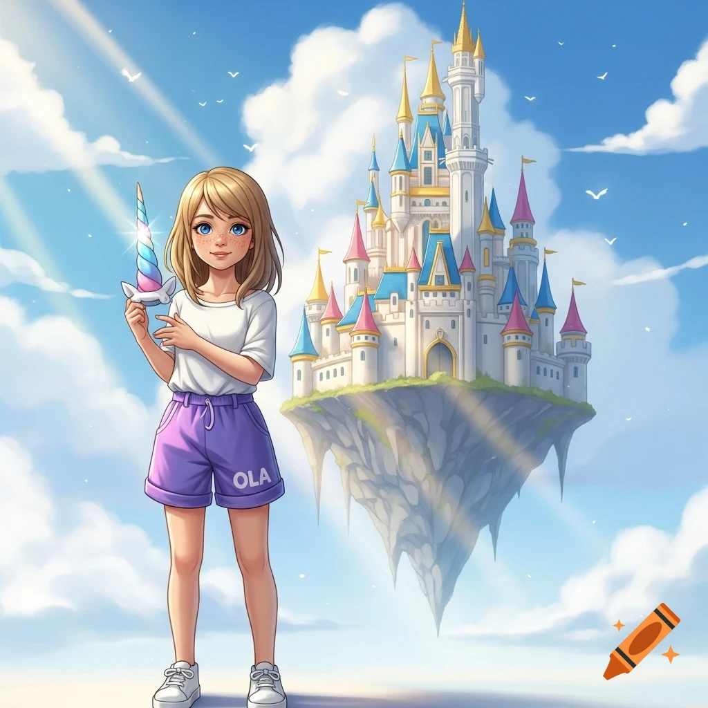 A cartoon girl with blonde hair and freckles holds a rainbow unicorn horn in front of a colorful floating castle in a sunny sky.