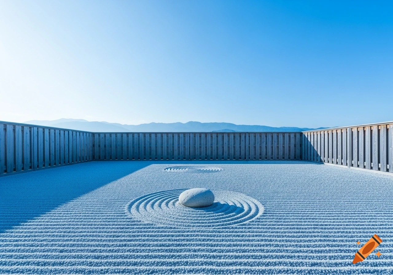 A minimalist zen garden with raked sand, a large stone, and a wooden fence under a clear blue sky.