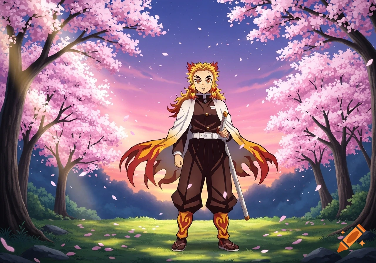 Anime character resembling Kyojuro Rengoku in a cherry blossom forest, holding a katana under a vibrant sky.