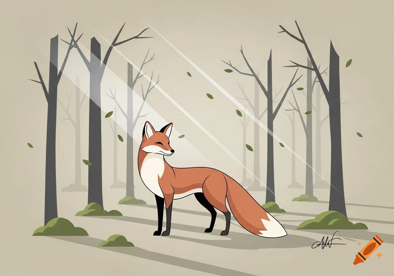 A minimalistic illustration of a red fox standing in a forest with sun ...