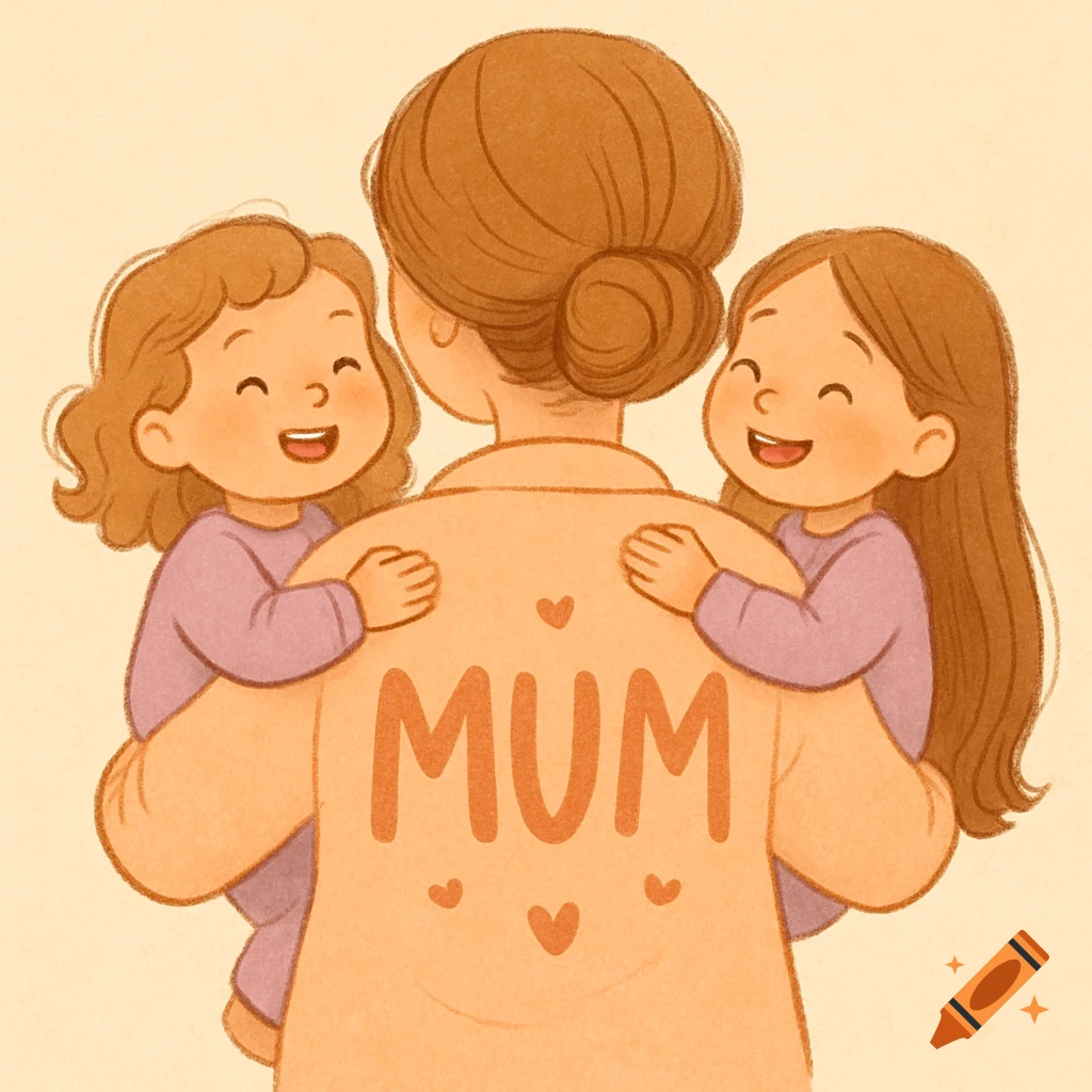 A heartwarming pastel illustration of a mother with a bun, seen from behind, holding two smiling young girls. The mother's peach jacket has 'MUM' and hearts on the back.