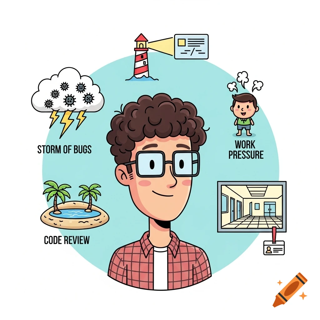Cartoon of a man with curly hair and glasses surrounded by work-related symbols: 'storm of bugs,' 'code review,' 'work pressure,' and an office.