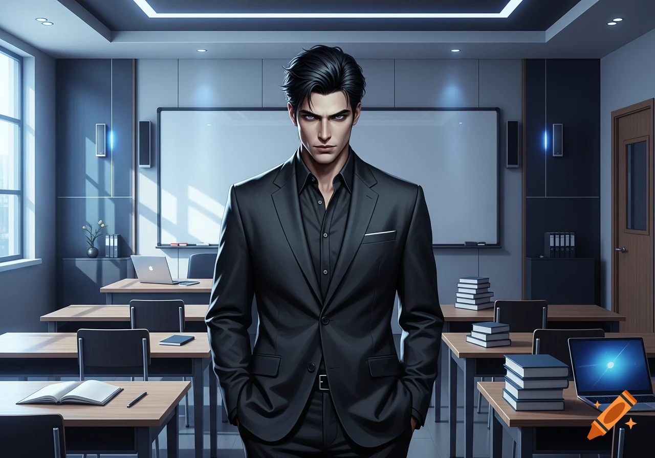An anime-style man in a black suit stands sternly in a modern classroom with desks and a whiteboard.