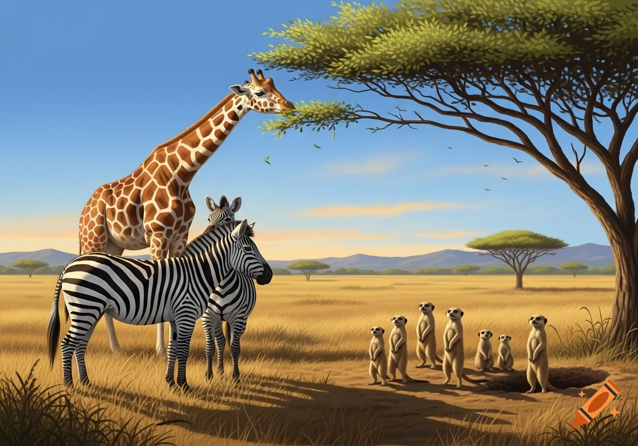 An illustration of a giraffe, two zebras, and a group of meerkats in a sunny savanna landscape.