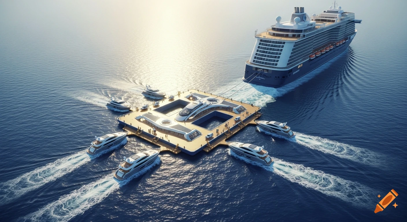 An aerial view of a large cruise ship towing a square floating platform on a calm sea, with multiple smaller yachts docked at the platform.