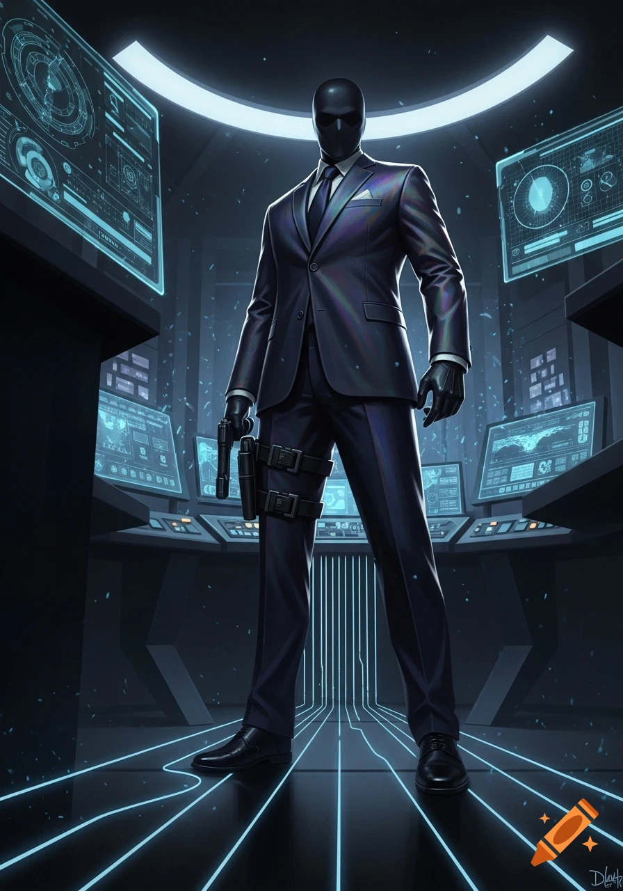 A masked spy in a black suit with a gun standing in a futuristic control room with glowing blue screens and floor lines.